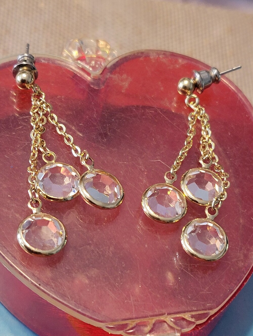 Vintage Gold-Plated Clear Crystal Dangle Earrings